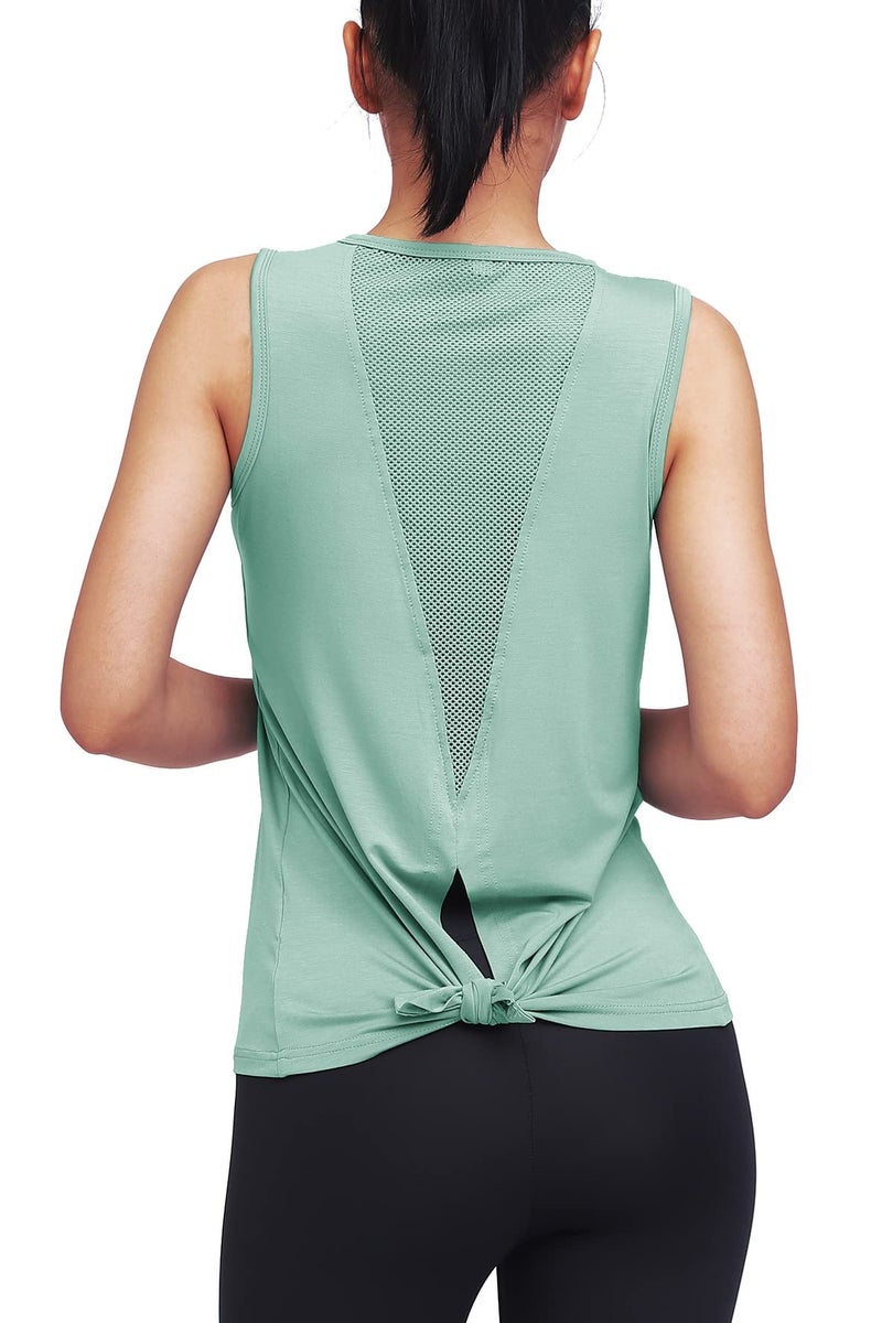 Mippo Workout Tops for Women Yoga Clothes Running Shirts Tie Back Tanks Tennis Shirts Athletic Exercise Tops Gray Green S - Image 5